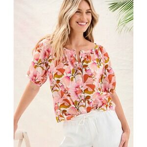 Garnet Hill Size 12 Hannah Organic-Cotton Voile Blouse Floral Pink Button Front